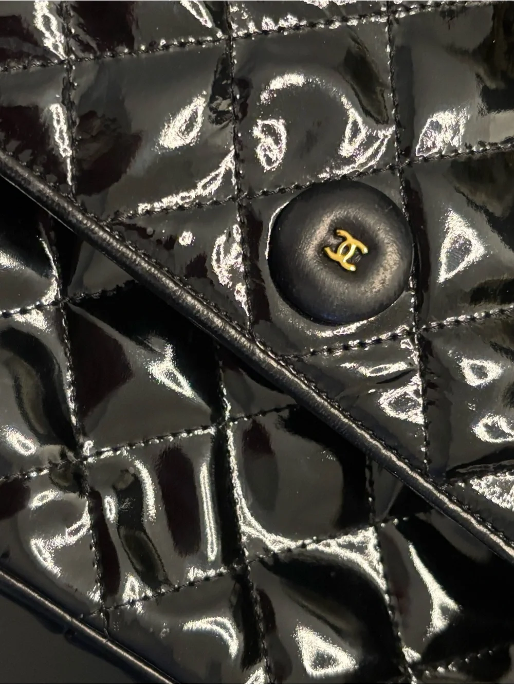 CHANEL Black Patent Quilted Crossbody with Gold Chain